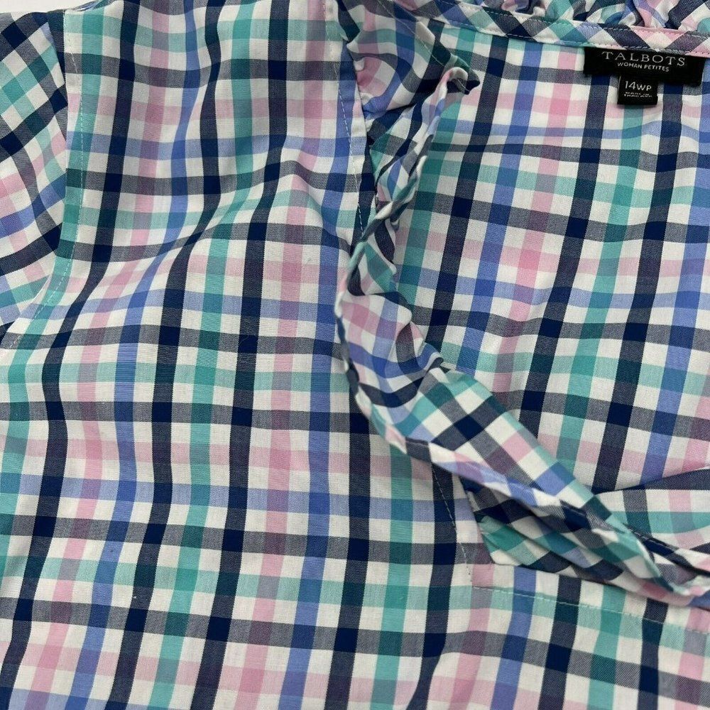 Talbots Size 14WP Multicolor Gingham Plaid 3/4 Sleeve Ruffle Neck Top Pullover - Picture 2 of 4